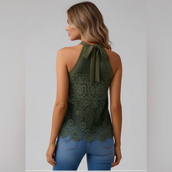 Green Guipure Lace Insert Halter Neck Top - Picture 4 of 8